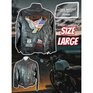 Rebel Ryder Black Leather Racer Motorcycle Jacket Mens Size Large with patches